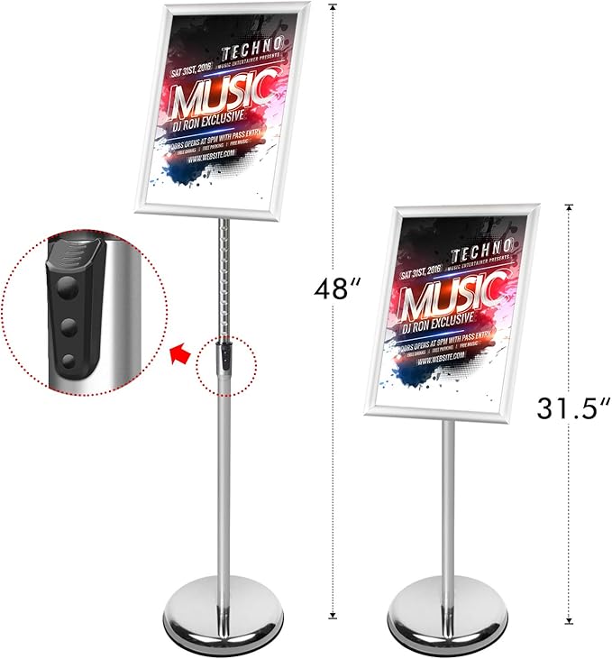 DISPLAYSWORKER Adjustable Poster Sign Stand,Floor-Standing Sign Holder with Heavy Duty Pedestal,for school hospital church shopping mall Silver 11 x 17inch