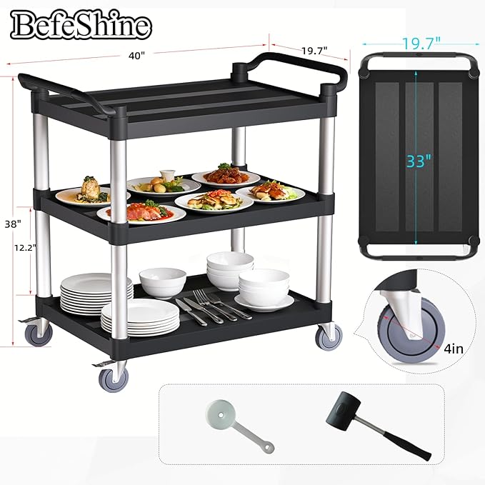 Utility Cart with Wheels, 3 Tier Rolling Cart with Tangle-Free Wheels(2 with Brakes), Heavy Duty 450 Lbs Capacity,Commercial Serving Cart for Home, Office, Restaurant, Warehouse.40×19.7"×38"
