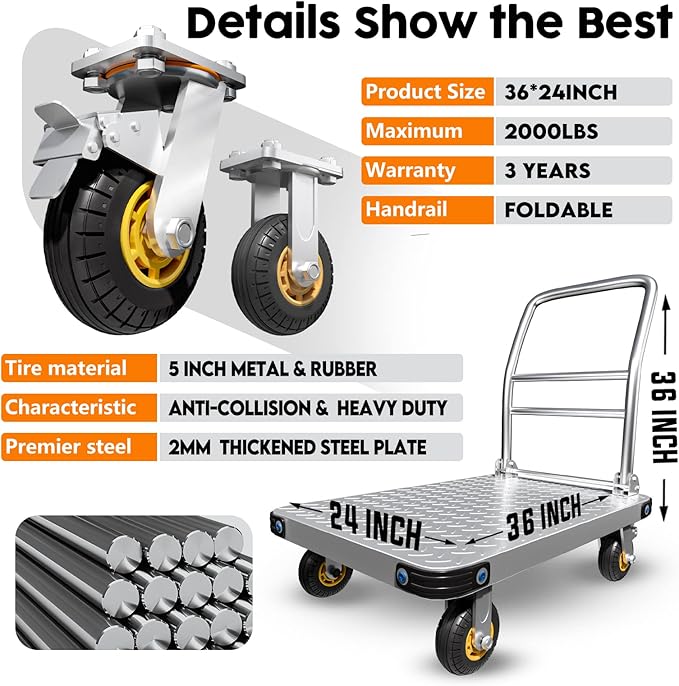 Heavy Duty Platform Truck Flat Moving Cart Hand Trucks,2000Lbs Steel Push Cart Dolly, 36 x 24in Large Flatbed with 5'' 360 Degree Swivel Wheels for Easy Storage