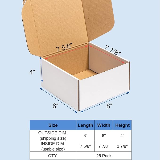 8x8x4" Shipping Boxes 25 Pack White Corrugated Cardboard Mailing Boxes for Small Business - Literature Mailer Packaging Supplies