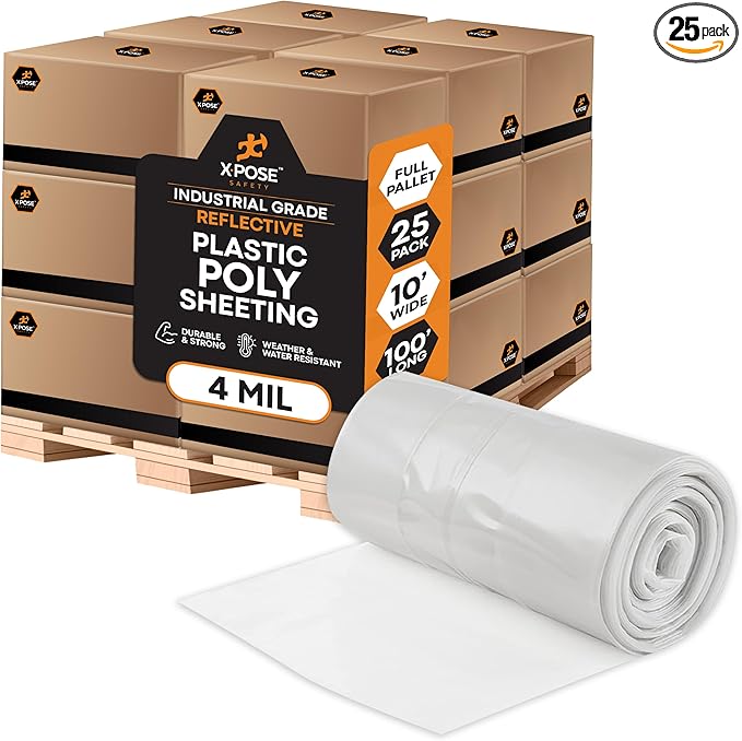Xpose Safety Clear Plastic Sheeting (Bulk Half Pallet 25 Pack) – 10' x 100' Rolls – Heavy Duty 4 Mil Poly Sheet – Waterproof, Dustproof, Vapor Barrier – for Construction, Painting, Industrial Use