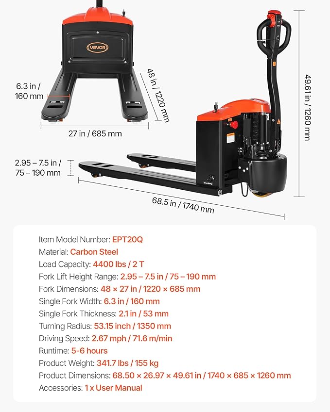 VEVOR Electric Pallet Jack, 4400 lbs Load Capacity, Lithium Battery Powered Pallet Jack Truck with 48L x 27W Inch Forks for Material Handling, Suitable for Warehouse, Supermarket, Manufacturing