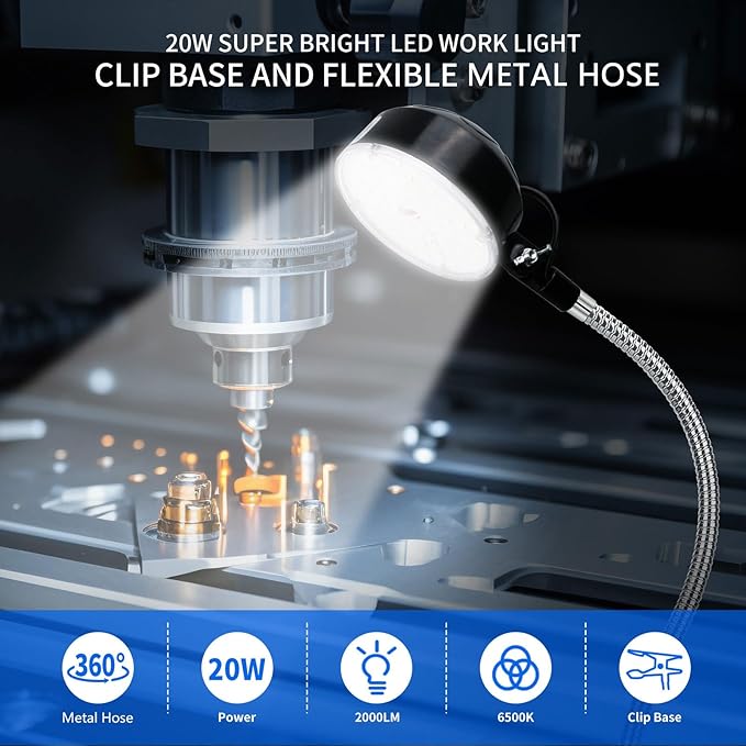 Clamp Light, LED Work Light with Flexible & Strong Clip for Workshop, Sewing, Lathe, Desk, Bright Small Area Task Lighting, 2000 Lumens, Silver