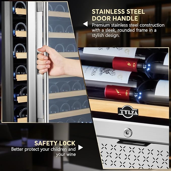 Tylza Wine Fridge 24 Inch, 189 Bottles Large Wine Cooler Refrigerator, Built-in or Freestanding Tall Wine Cooler with Upgraded Compressor, Low Noise, Fast Cooling and Intelligent Temperature Memory