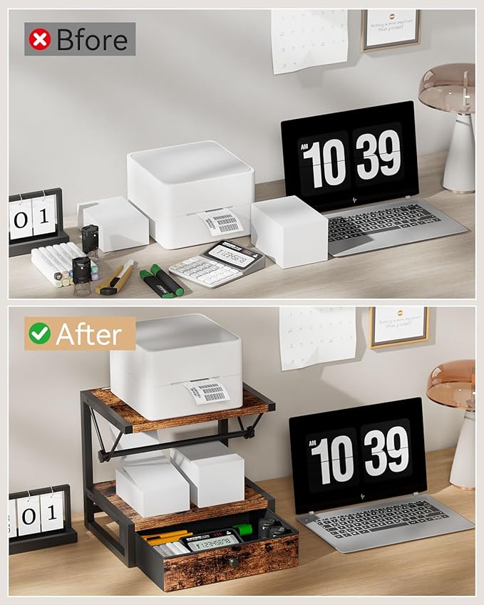 IBUYKE Label Holder for Rolls and Fan-Fold Labels,Wooden Thermal Shipping Label Stand With Drawer Desktop Printer Holder for Home, Office, Small Business,Brown TPS003H