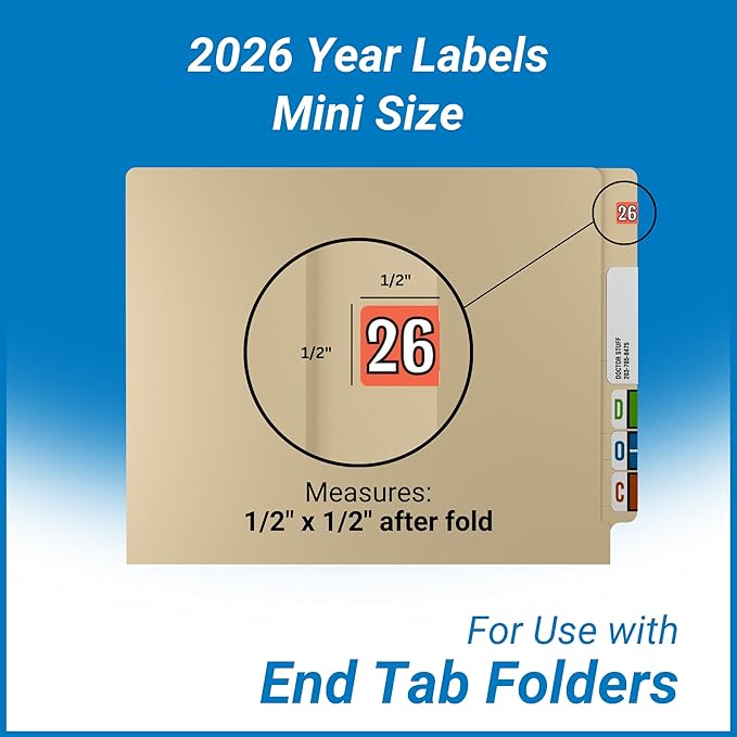 MINI 2026 Year Labels, Doctor Stuff 2026 Chart Stickers, Red Color Coded, Colwell Jewel Tone Style, USA Made Year Stickers for End Tab File Folders, 250/Pack, 1 Package, 1/2" x 1" - Small Labels