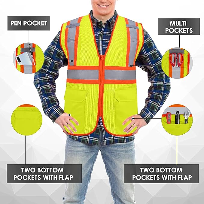 Custom Safety Vest with Logo Pockets High Visibility Reflective Vests Construction Security Workwear