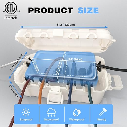 Flemoon Medium Outdoor Electrical Box (11.5x5.2x4 inch), IP54 Waterproof Extension Cord Cover w/6 Cable Entry Ports, Weatherproof Connection Box for Power Strip, Timer, Plug, Holiday Lights, White