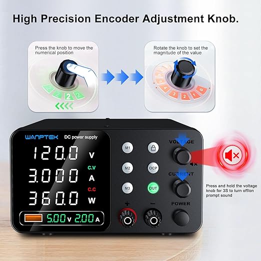 DC Power Supply Variable, 120V 3A Adjustable Switching Regulated Bench Power Supplies with Memory Preset/Locking Key/OCP Protection/Output/USB Fast Charging /4-Digit LED Display