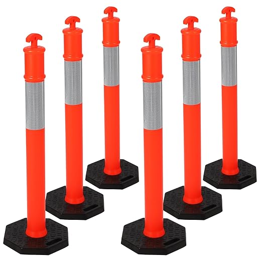 Delineator Post with Base 6 Pack, PeakPursuit 45 Inch Portable Orange Traffic Delineator Posts Cones with Reflective Collars for Driving Practice and Construction Work