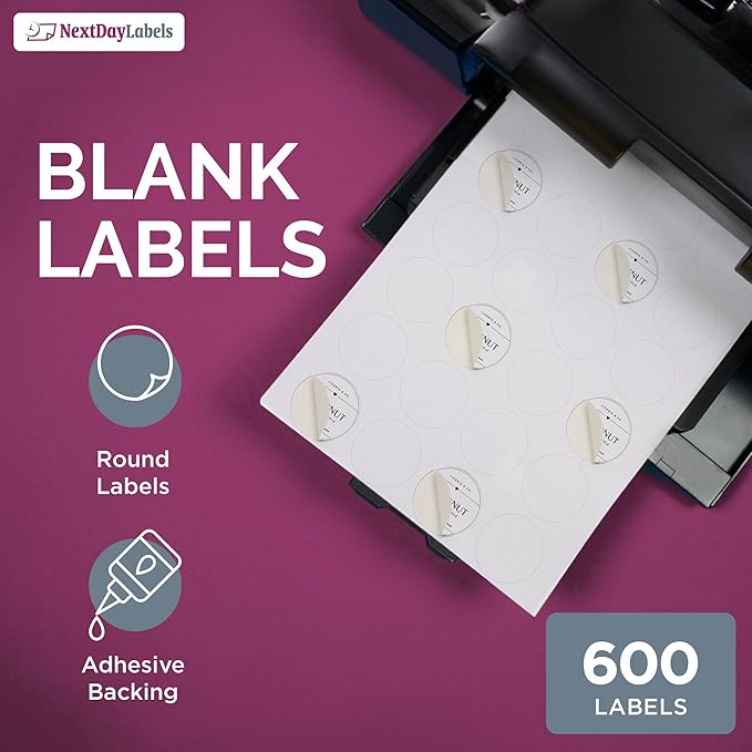 NextDayLabels - 1.66 Inch Round Circle Stickers - Matte White Blank Laser/Inkjet Printer Labels (600) - 25 Sheets, 24 Per Sheet