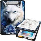 A4 Clipboards,Heavy Duty Waterproof Nursing Plastic Folder Clipboard with Storage Clip Boards,File Folder Storage Box Clipboard Case for Teacher,Doctor,Offices,Bule Rose Wolf