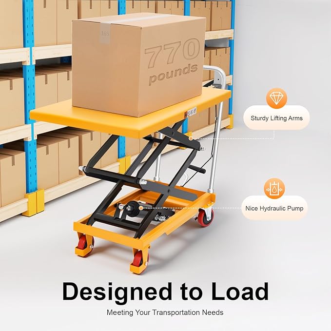 Hydraulic Lift Cart, Double Scissor Design with 770 lbs Load Capacity, 49.6" Max Lift, 4 Locking PU Wheels & Safety Guard for Material Handling and Transportation