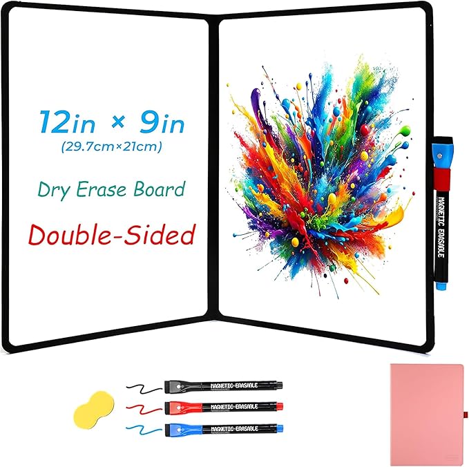 Double-Sided Whiteboard - Portable, 12" x 9" Dry Erase Boards with 3 Markers, Eraser and Stylish Red Elastic Pen Tray for Office, School and Home (Double-A4 Pink)