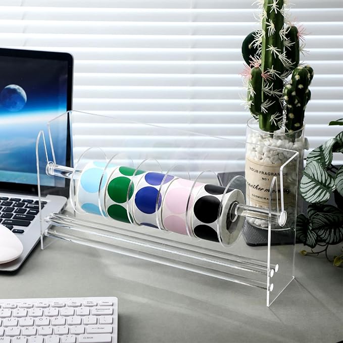 Qilery Adjustable Label Dispenser Acrylic Roll Sticker Dispenser Sticker Holder Organizer Label Stand for Holding Office and Home(9 Disks)