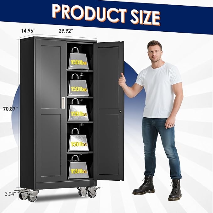 71" H Metal Garage Storage Cabinet, Rolling Tool Cabinet with 2 Doors and Wheels, Locker Steel Cabinet with 4 Adjustable Shelves, Organization Cabinet for Garage,Office,Home,Gym,School（Black）