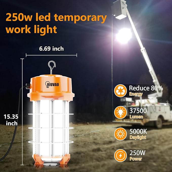 250W LED Temporary Work Light 37500Lm 5000K Construction Lights Led Work Light IP65 Dust Waterproof Portable Lights with Stainless Steel Guard Hook for Mine Wharf Job Site Garage Factory Lighting