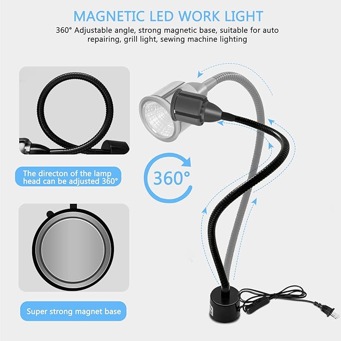 Magnetic LED Work Light with Flexible Gooseneck and Magnetic Base, Magnetic LED Lamp 750 Lumen for Workshop, Lathe, Sewing Machine, Grill Lighting