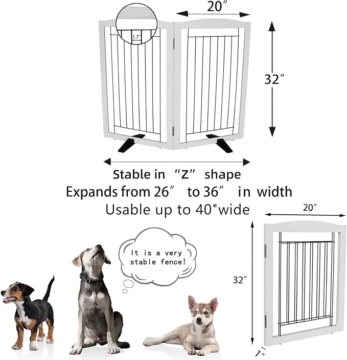 Dog Fence Indoor - 2-Panel Freestanding Dog Gate for Doorways, Hallways, House or Stairs -40x32-Inch Retractable Foldable Expandable Wood Pet by SFJC (White)