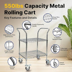 Northsky 2-Shelf Wire Utility Cart on Wheels, Chrome Finish Rolling Metal Shelving with Wheels, 550lb Capacity, 24" x 18" x 38", 2 Tier Rolling Cart for Kitchen Bar Storage Use