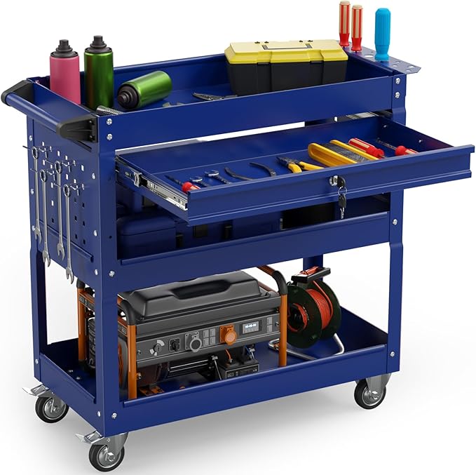 3 Tier Rolling Tool Cart on Wheels, 450 LBS Capacity Tool Cart with Drawers, Heavy Duty Rolling Utility Cart on Wheels, Rolling Tool Work Carts for Garage, Warehouse and Repair Shop,Blue