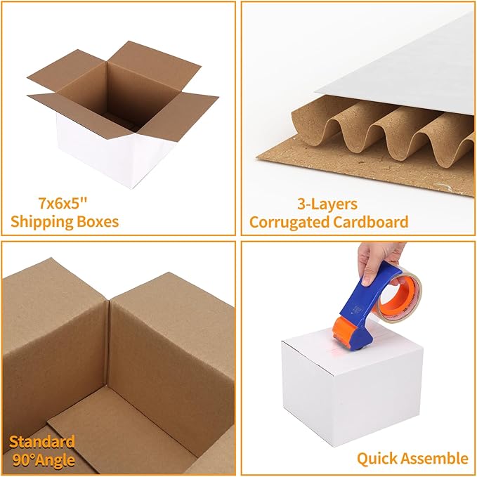 PETAFLOP Shipping Boxes 7x6x5 White Cardboard Box Kraft Corrugated Small Mailing Boxes, 25 Pack