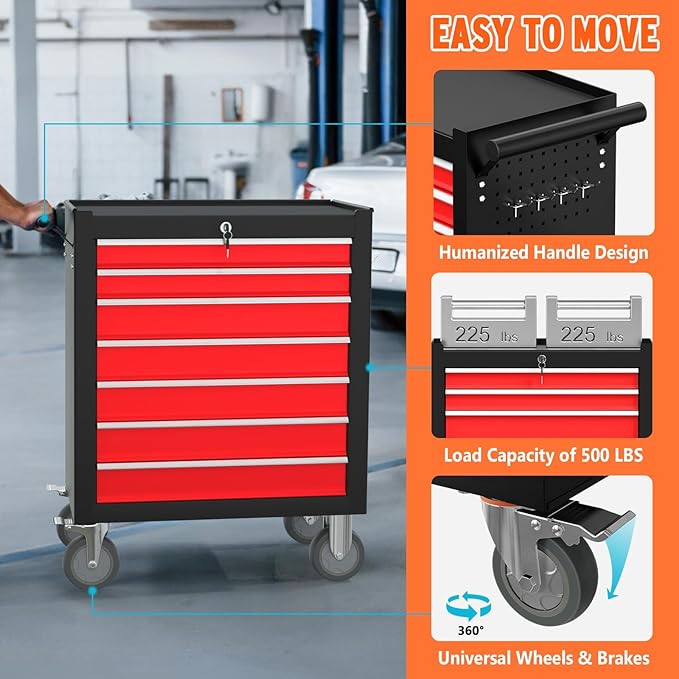 7 Drawers Rolling Tool Chest with Wheels, Metal Tool Box with Drawers, Large Capacity Tool Storage Cabinet with Keyed Locking, Tool Organizer Box for Garage, Workshop, Warehouse, Black Red