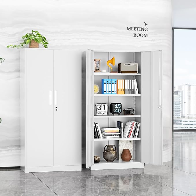 Crownland 72" Metal Storage Cabinet, Lockable Garage Storage Cabinets, High Office Cabinet with Adjustable Shelves for Home Office, Garage, Classroom, Pantry, File(White-Narrow Size)