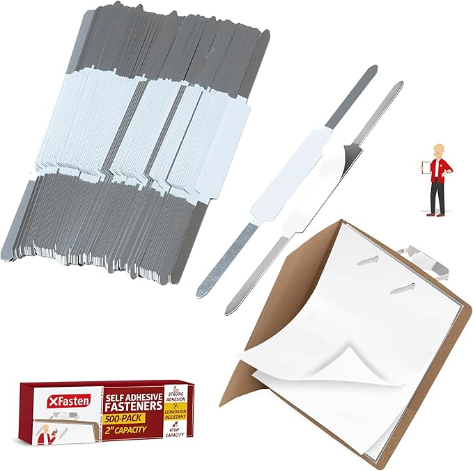 XFasten Self Adhesive Fasteners 2 Inch Capacity 500-Pack Archival-Grade Two Prong Paper Fasteners 2 Inch for Metal File Fastening, Folders, Medical Reports, Thick Paper Stacks, and Folder Accessories