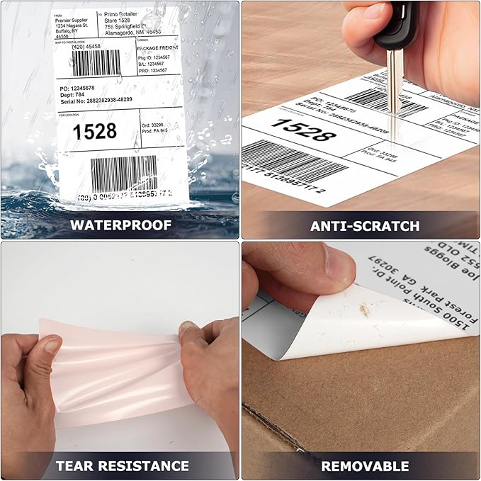 White Direct Thermal Labels 4 × 6 Inch Vinyl Self-Adhesive Fanfold Shipping Stickers Waterproof Perforated Printer Decal for Office School Warehouse 500 PCS