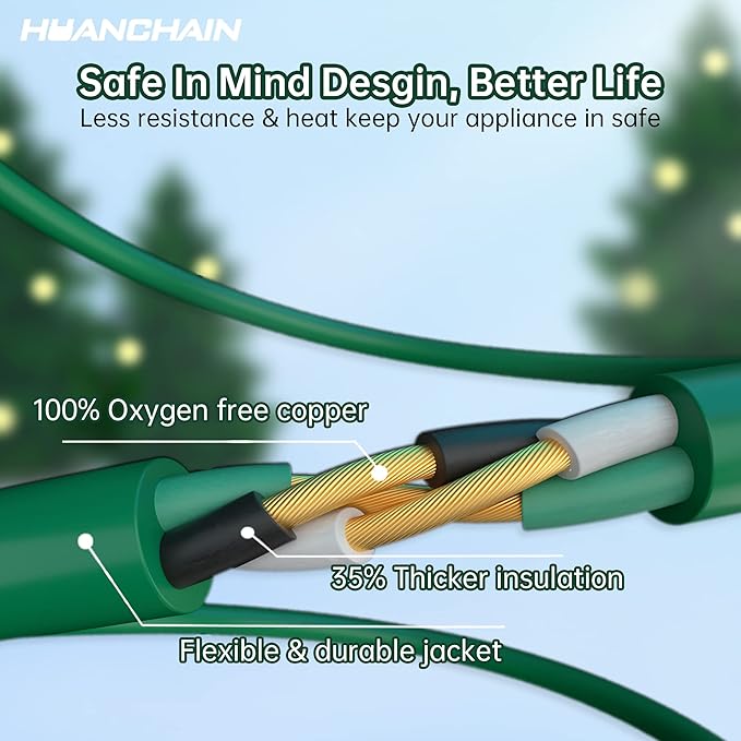HUANCHAIN Indoor Outdoor Green Extension Cord 75 ft Waterproof, 16/3 Gauge Flexible Cold-Resistant Appliance Extension Cord Outside, 10A 1250W 16AWG SJTW, 3 Prong Electric Cable, ETL