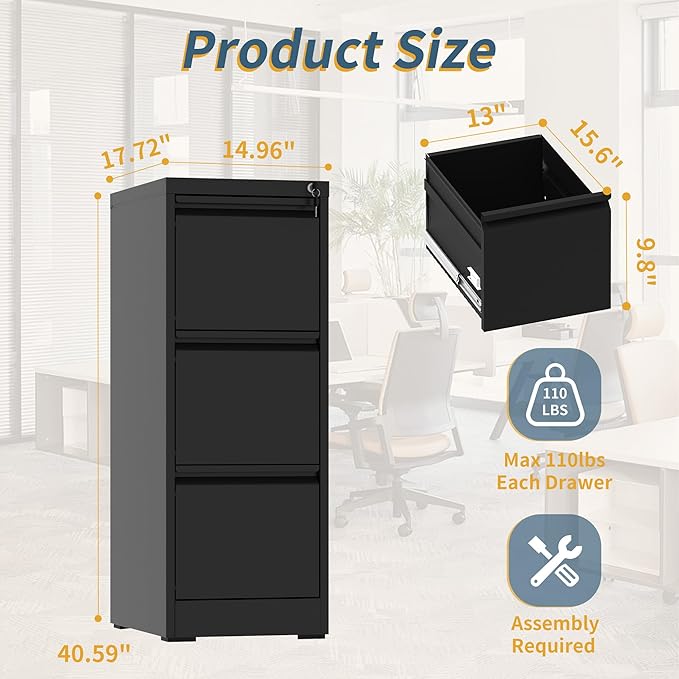 3 Drawer File Cabinet with Lock, Vertical Filing Cabinets for Home Office, Metal Storage Cabinets, Heavy Duty File Cabinet for Letter/Legal/A4/F4 Size Amssebly Required, Black