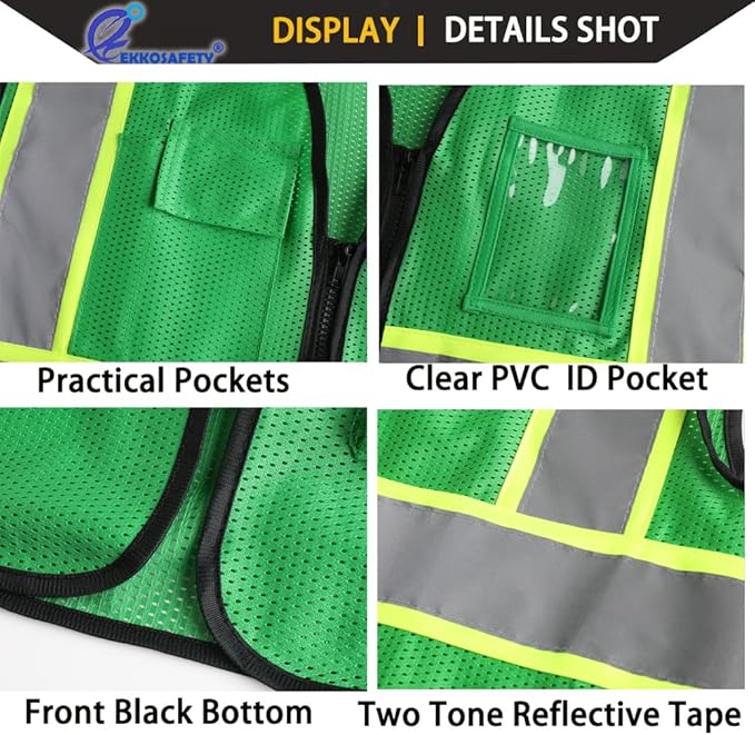 Reflective Mesh Safety Vest for Men Women with 5 Pockets and Zipper Front High Visibility Mesh Vest Hi Vis Construction Work Vest,Meets ANSI/ISEA Standards(EK175-Green-3XL)