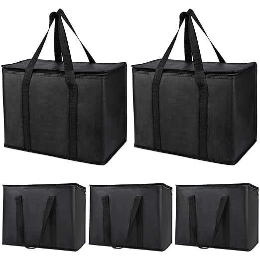 Bodaon 5-Pack Insulated Reusable Grocery Shopping Bag, X-Large Frozen Food Cold, Cooler Bags, Insulated Pizza Delivery Bag, Black