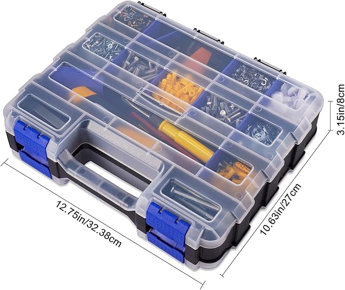 Hardware Organizer Box 34 Compartments Small Parts Organizer with Removable Dividers Durable Plastic Double Side Tools Box Screw Organizers For Nuts, Bolts, Screws, Nails 2Pack