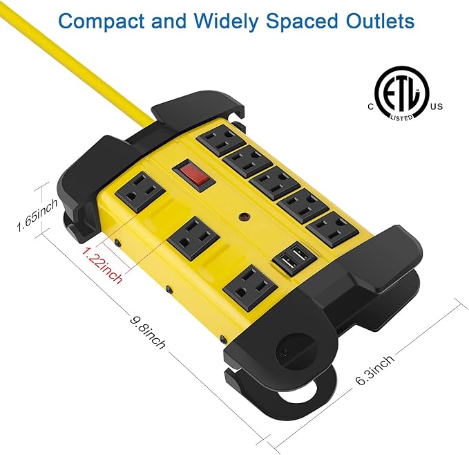 Heavy Duty Power Strip with USB, Workshop 8 Outlet Surge Protector 2700 Joules, Industrial Metal 15Amp Power Strip, 15 FT Extension Cord and Wide Spaced. Yellow