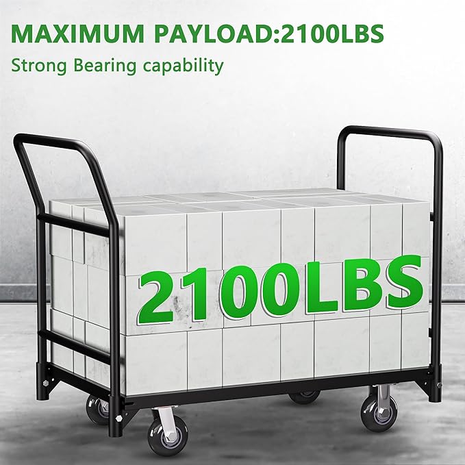 Platform Truck Cart, 37.2"x31"x45.6" Heavy Duty Push Cart Dolly, 2100lbs Capacity Flatbed Carts with Front Handle and Rear Guardrail, Industrial Carts for Warehouse and Garage, Black