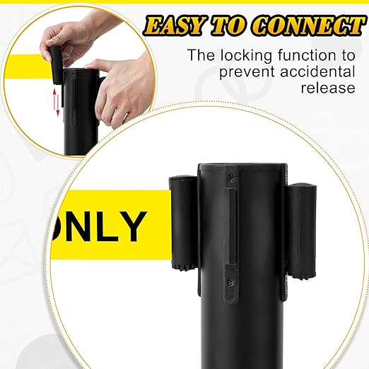 Therwen 12 Pack Heavy Duty Crowd Control Stanchions 9.8 ft Stainless Steel Stanchion Set with Safety Barrier Post Retractable Belt and Sign Holder Crowd Control Barrier(Caution Belt, Yellow)