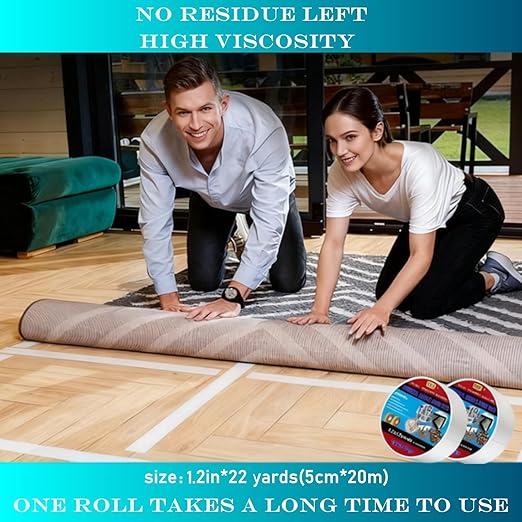 Double Sided Carpet Tape Heavy Duty, 1.2inx22Yards No Residue Rug Tape for Hardwood Floors, Strong Hold Carpet Tape for Area Rugs, Mats, Posters on Tile, Concrete, Metal, Glass