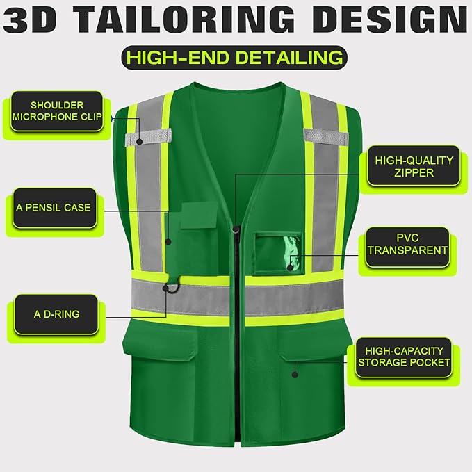 Safety Vest Customize Logo with 5 Pockets & Zipper Reflective High Visibility Vest Class 2 Outdoor Workwear