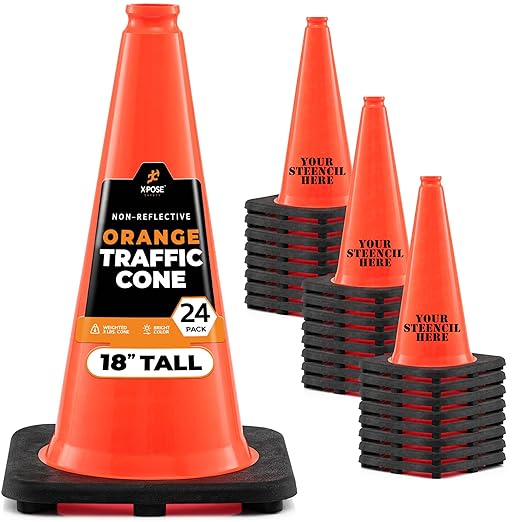 Xpose Safety 18 Inch Orange Traffic Cones, 24-Pack - Multipurpose PVC Plastic Safety Cone for Parking, Soccer, Caution, Kids and Construction - DOT Approved