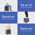 dbest products Quik Cart Collapsible Rolling Crate on Wheels for Teachers Tote Basket, 80 lbs Capacity, Blue Lid Made from Heavy Duty Plastic and used as a Seat