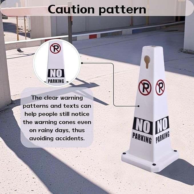 26.5" Caution Cones, 4-Sided Visible Safety Signs with Heavy Rubber Base, Warning for Slip & Fall Prevention, Indoor/Outdoor Use (4, No Parking-White, 26.5 inch)