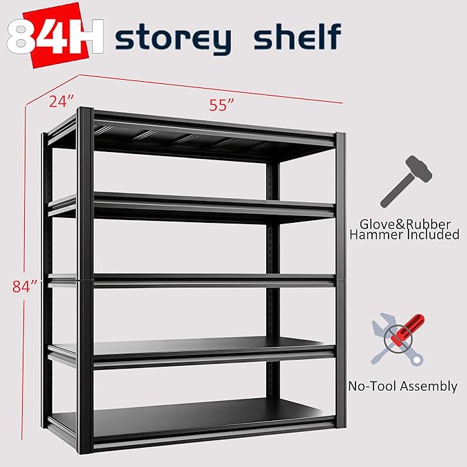 5-Tier 55" W x 24" D x 84" H Garage Shelving 3500LBS Storage Shelves Heavy Duty Metal Shelf Unit Adjustable Basement Industrial Storage Racks (84 * 55 * 24)