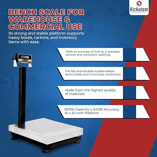 Bench Scale NTEP Approved for Warehouse & Commercial Use, 800 lb Capacity x 0.05 lb Accuracy, 16 x 20 Inch Platform with Digital Weight Indicator