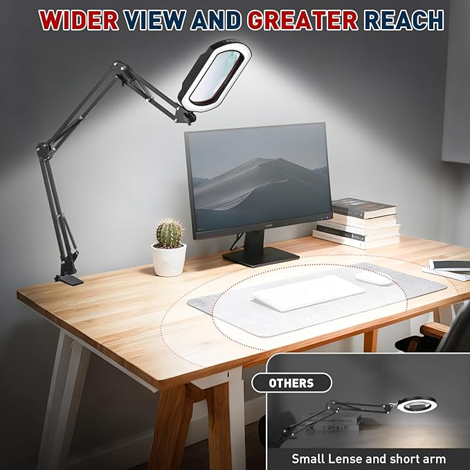 12X Large Desk Magnifying Glass with Light, Extra-Long Arm Rectangular Magnifying Lamp with 4-Way Clamp, 5 Color Dimmable LED Lighted Magnifier for Crafts Soldering Workbench Reading Sewing