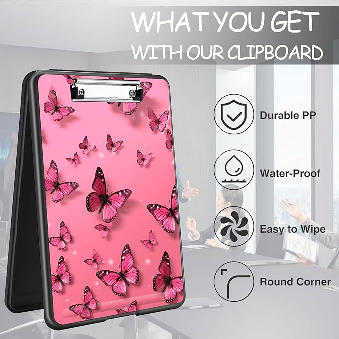 Clipboard with Storage, High Capacity Plastic Storage Clipboard with Pen Holder for Women Teachers Work, School & Office Supplies, Cute Pattern Decorative Clipboards, Butterfly