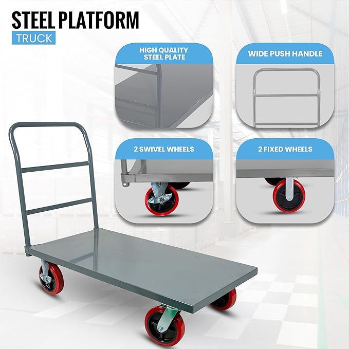 5Seconds Flatbed Platform Cart Industrial Dolly Heavy Duty 60” x 30” Hand Push Truck Super Heavy Duty Flatbed with 3000Lb Capacity 8'' Locked Swivel Wheels Commercial Moving