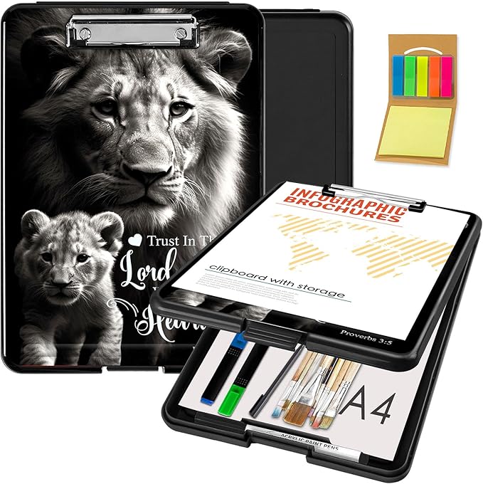Clipboard with Storage,Office Supplies Nursing Clipboards Folder with Pen Holder Plastic Foldable Clip Board with Storage for Nurse Teacher,Lion Proverbs 3:5