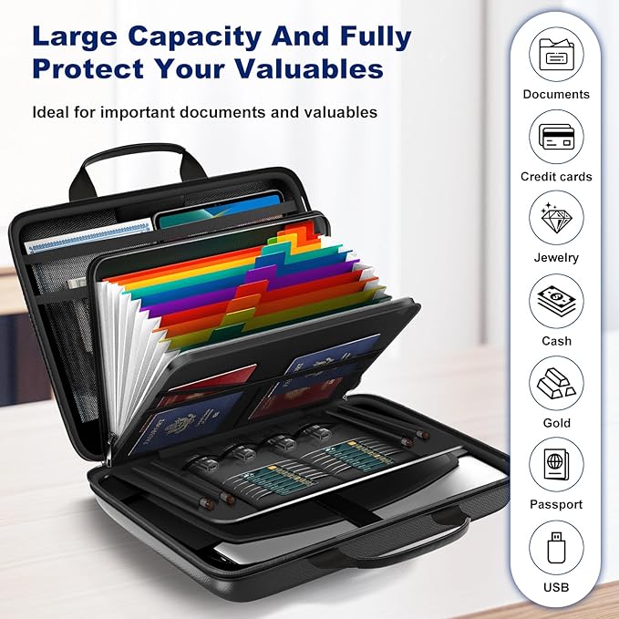 Fireproof Document Box, Hard Case Fireproof File Organizer with Lock and 13 Pocket Accordion File Folder, Portable Safe Box for Home Office Travel to Storage Important Documents Laptop Black